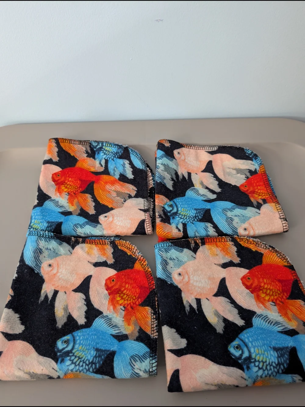 Set Of 4 Hand Crafted 100% Cotton Goldfish Print Wash Cloths